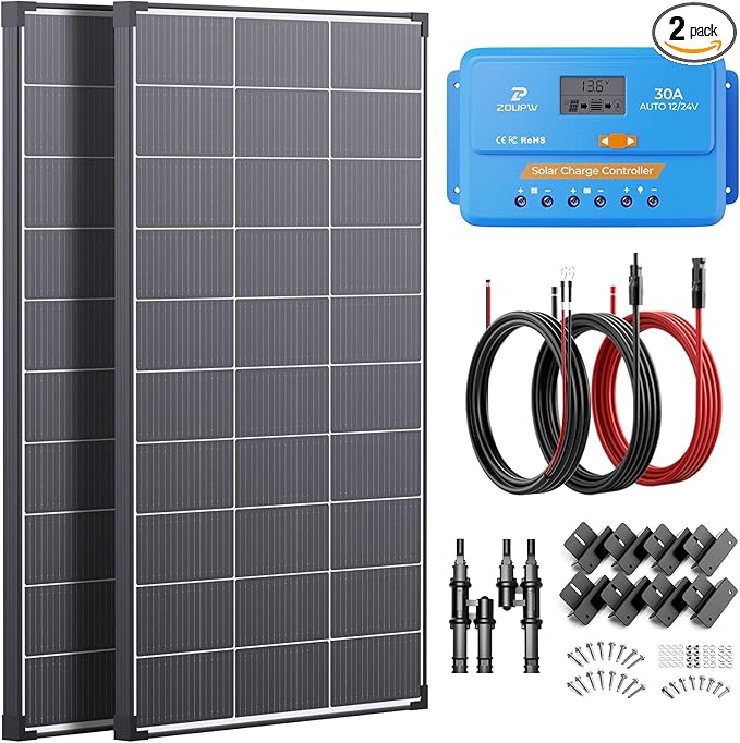 ZOUPW 220W N-Type 16BB Solar Panel Kit(2 * 110W) with 30A PWM Charge Controller25% High Efficiency Mono Offgrid Power System for 12V/24V Battery11AWG Cables Y-connectors for RV Boat Camper Cabin