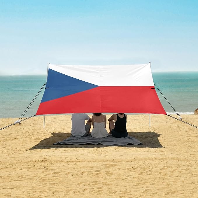 Czech Flag Czechia National Blue Red Beach Tent UPF50 Water-Resistant Portable Sun Shelter with Sandbags and Shovel for Backyard and Camping