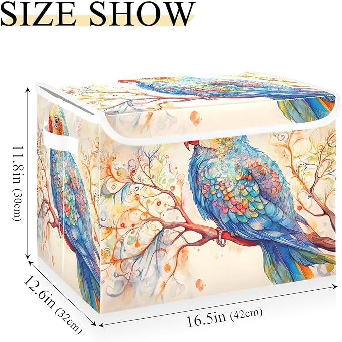 Fantasy Parrot Storage Cube Bins Basket with Lid Collapsible Flip-top Fabric with Handle for Home Bedroom Closet Office 16.5×12.6×11.8 in