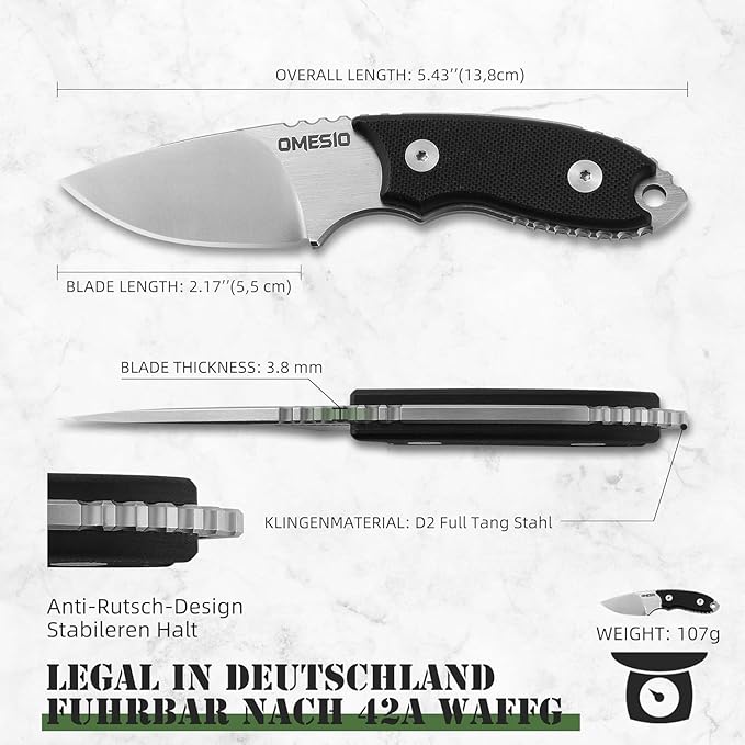 Omesio Neck Knife 5.43 Neck Knife with Sheath and Necklace Full Tang Small Fixed Blad Knife D2 Steel 2.17-Inch Blade G10 Handle for Outdoor Survival Camping Tactical