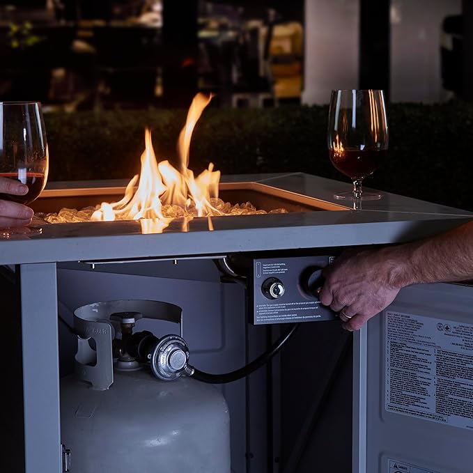 Endless Summer 30 Inch Square Outdoor Gas Fire Pit Table with Marble Mantel Slate Finish White Fire Glass and Protective Cover