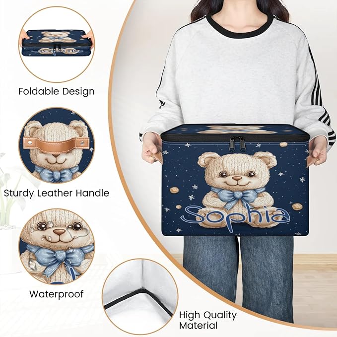 Custom Storage Basket with Name Personalized Storage Bins with Zipper Lid Foldable Fabric Storage Box Large capacity with Handle Starry Sky Bear