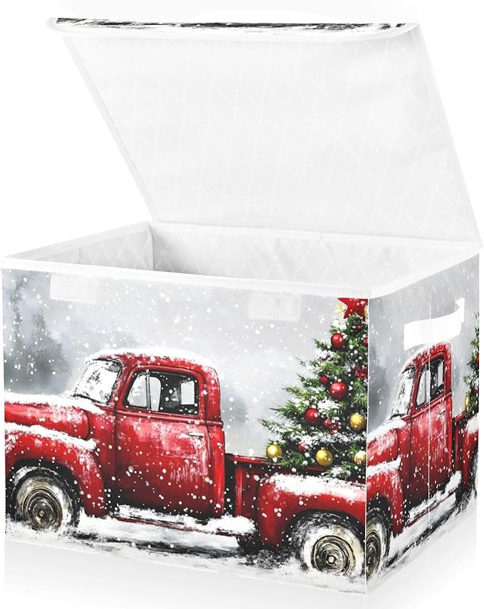 Collapsible Storage Bins Truck Christmas Tree with Lids &amp Handles Foldable Storage Boxes Basket with Flip-Top Lid for Home Office 16.5” x 12.6” x 11.8”