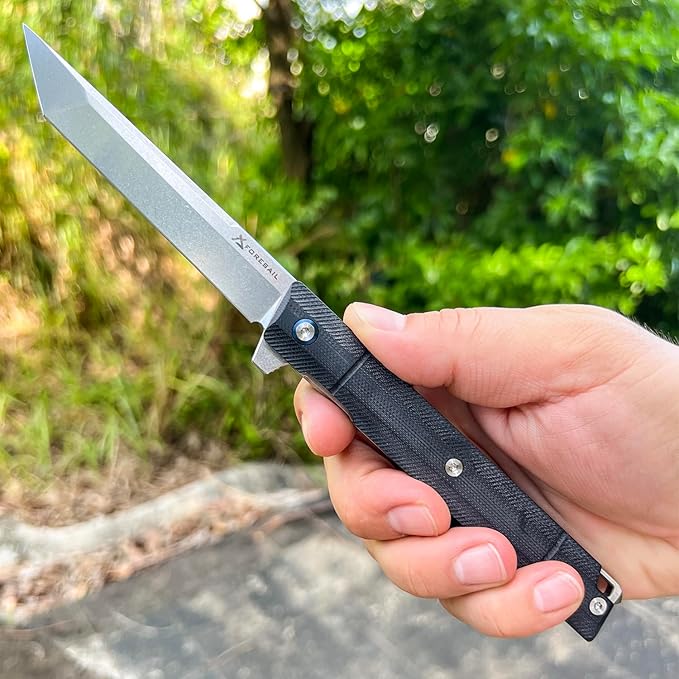 Flipper Pocket Folding Knife DC53 Steel Blade and Black G10 Handle with Pocket Clip and Glass Breaker EDC Tool Knife (Stone Wash Blade)