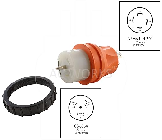 AC WORKS Generator to Transfer Switch 50Amp Inlet Box Adapter (L14-30 30Amp 4-Prong to CS6364 Compact)