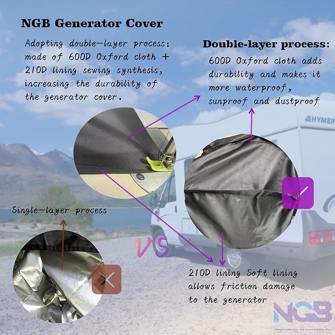 NGB Generator Runing Cover 24.8L x 20.2Wx 20.8H for Universal Most Inverter Generators Made of 600D plus 210D Double Layer Heavy Duty Waterproof Fabric The Top Cover is Waterproof for Refueling.