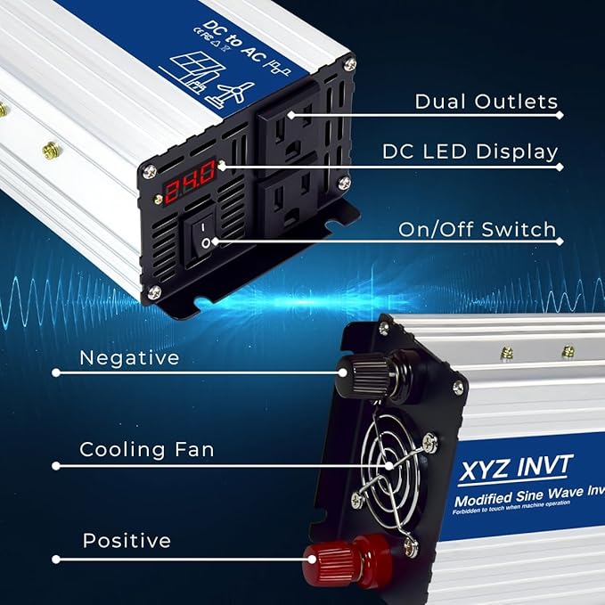 1000W Power Inverter 24V DC to 110V 120V AC Modified Sine Wave Car Power Inverter with 2 AC Outlets and LED Display for Vehicles Truck RV Home Emergency Camping Off-Grid Over 90% Efficiency