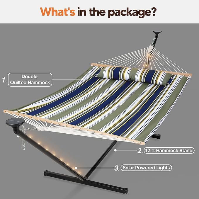 SUNCREAT Double Hammock with 12 ft Stand Solar Powered Lights Outdoor Standing 2 Person Hammock Dark Green