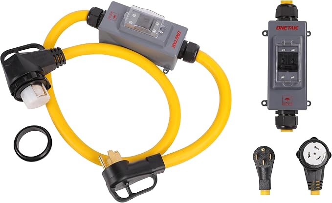 NEMA 14-50P to SS2-50R 6 Feet Hydraulic Magnetic ON Off Switch Current Protector Right Angle 90 Degree 120V/240V 50A 4 Prong Plug to 4 Prong Female Outlet Receptacle Extension Cable Power Cord Adapter