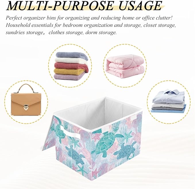 Collapsible Storage Bins with Lids Decorative Fabric Storage Cubes Closet Organizer and Storage Basket Boxes Containers for Clothes Box Chest Folding Rectangle Simple Turtles Starfish