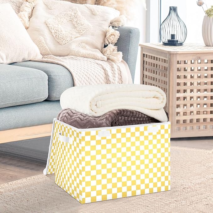 Yellow Checkerboard Storage Baskets Lidded Bin Foldable Storage Boxes Cubes Lids with 2 Handles for Organizing Closet Home Office
