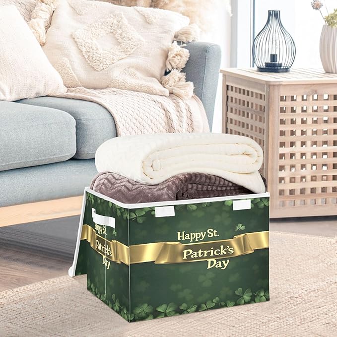 Storage Baskets with Lids Happy St. Patrick's Day Collapsible Bins Stackable Fabric Linen Baskets Closet Organizer Container 16.5x12.6x11.8