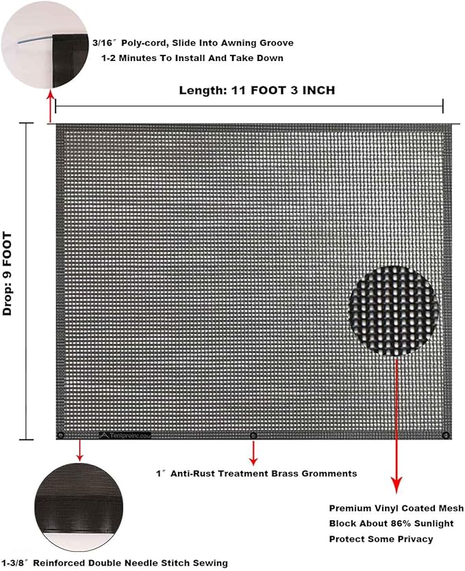 Tentproinc RV Awning Sun Shade Screen 9' X 11' 3 (Fit for 12' Awning) Mesh Sunshade for RV Awning Motorhome Camping Trailer Awning Sunscreen Screenshade UV Sunblocker - 3 Year Warranty (Black)