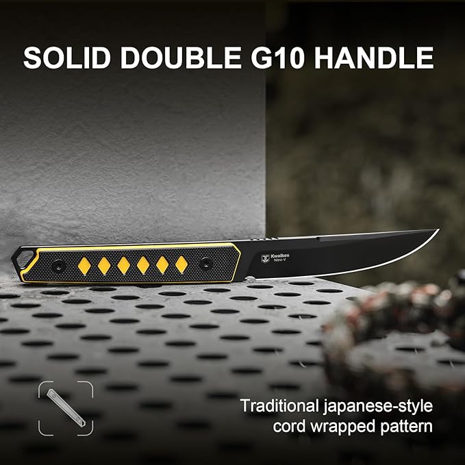 Kizer Kwaiken Fixed Blade Knife 3.94 Nitro-V Blade Hunting EDC Knife with Black &amp Yellow G10 Handle Survival Knife with Adjustable Sheath for Hiking Camping Outdoor Knives 1066A3