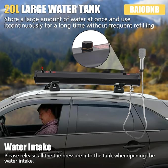 Pressurized Water Tank for Camping ShowerPortable Camping Showerhead Handheld with Storage Bag Roof Rack Shower for Hiking Car wash Pet Cleaning Beach Vacations