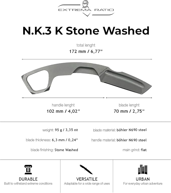 Extrema Ratio - N.K.3 K (Stone Washed) Fixed Blade Knife Böhler N690 steel blade (58 HRC) stone-washed finish full tang construction ergonomic grip high wear resistance corrosion-resistant prem