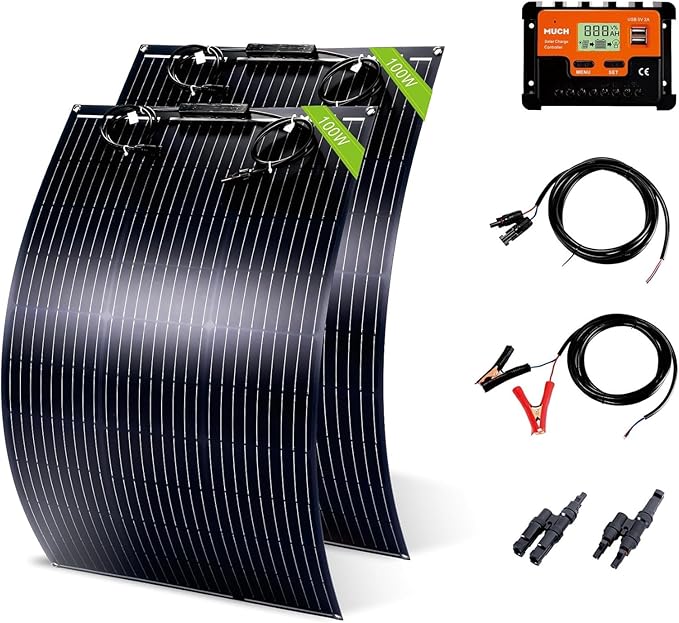 200W Flexible Solar Panel Kit Lightweight Monocrystalline Ultra-Flexible Bendable Mono Off-Grid Charger with 30A Charge Controlle for 12-24V Battery Charging Car Battery Camping Stuff (2 * 100W)
