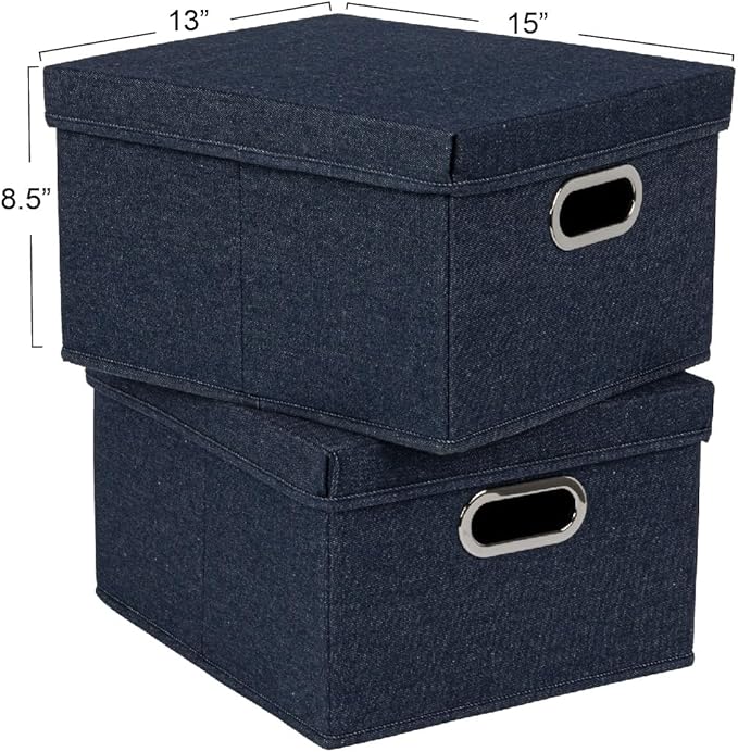Household Essentials Collapsible Cotton Blend Storage Box with Lid and Metal Grommet Handle Set of 2 Denim