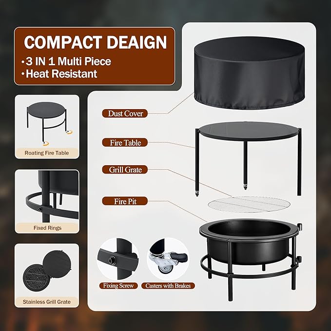 Fire Pits for Outside Wood Burning Large Outdoor Fire Pit Stove with Roating Table and BBQ Grill Cold Finished Steel Round Firepit Bowl with Poker Waterproof Cover Grill Brush