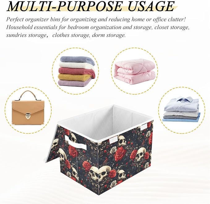 Rose Skulls Storage Cube Bins Basket with Lid Collapsible Flip-top Fabric with Handle for Home Bedroom Closet Office 16.5×12.6×11.8 in