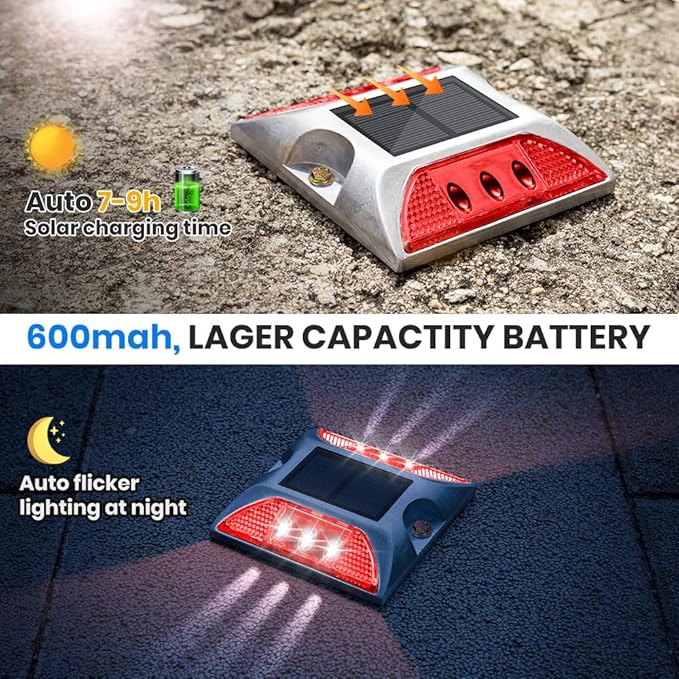 Solar Raised Pavement Marker High Brightness IP68 Waterproof Solar Powered Reflector Road Solar Blinker Light for Anti-diecast Aluminum Protruding Signs Safety Warning (Red)