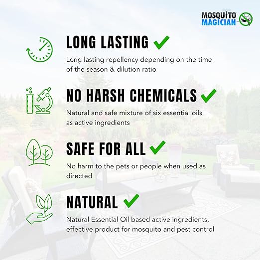 Mosquito Magician 1 Gallon Liquid Concentrate &amp 15L Battery Operated Backpack Sprayer - User-Friendly - for Yards Lawns Patios - Kills Mosquitoes Fleas Fire Ants - with 6 Natural Essential Oil