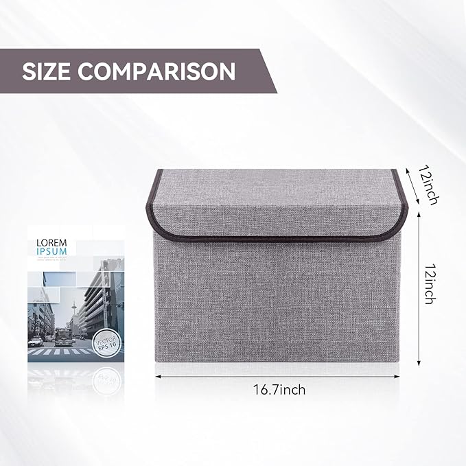 Bagnizer Large 17 42 Quarts Collapsible Stackable Storage Bins with Lids [3-Pack] Foldable Fabric Linen Storage Boxes Cube Closet Organizer Baskets with Label for Home (16.7 x 12 x 12 Gray)