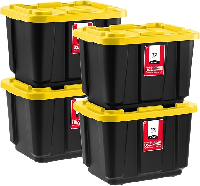 IRIS USA 4-Pack 12 Gallon Storage Bins with Lids |Made in USA| Heavy Duty Plastic Tote Containers for Truckbed Tool Box Organization Large - Black/Yellow