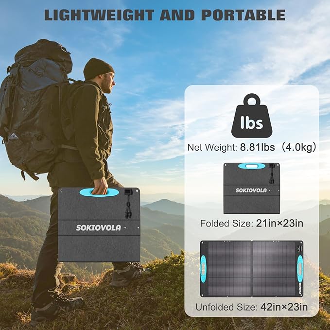 SOKIOVOLA 100W Portable Solar Panel for Power StationETFE Portable Foldable Solar Charger NextGen 25% High Conversion IP68 Waterproof Solar Panel for Camping Outdoor RV Blackout