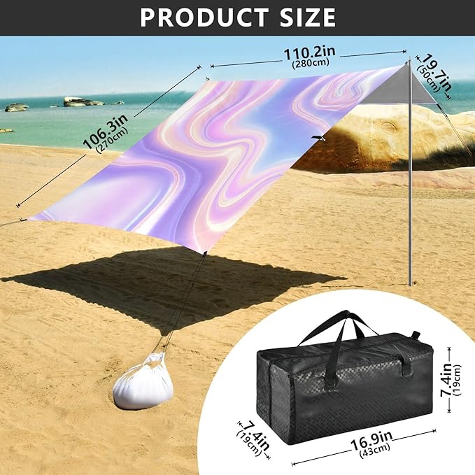 Beach Canopy with Windproof Ropes &amp Sandbags Beach Tent Sun Shade Sun Shelter for Camping Trips Fishing Backyard Fun or Picnics Purple Texture