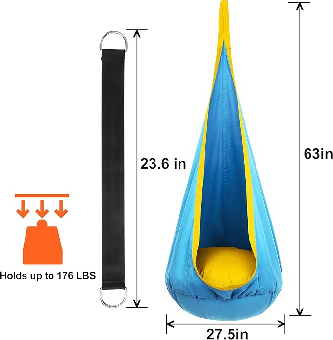 Y-STOP Kids Pod Swing Seat Hanging Hammock Chair with Inflatable Pillow Sensory Swing Chair with Pocket for Indoor and Outdoor (Blue Yellow)