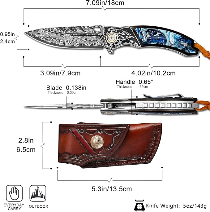 VNLA Handmade Damascus steel Folding Pocket knife. VG10 steel core men and women Folding knifeWith Leather sheathLining lockEbony inlaid with resin HandleEDC outdoor camping