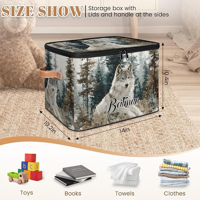 Storage-Bins with Lids Handle Customized Stackable-Storage-Bin for Kids-Boys-Girls-Toys Cube Collapsibl Basket Trees Wolf
