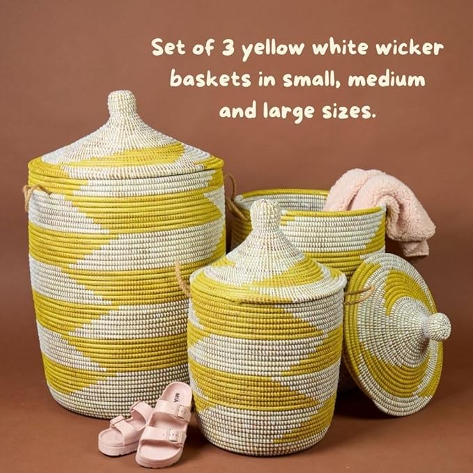 Large Wicker Basket Yellow and White 18 Inch Wide 23 Inch Tall