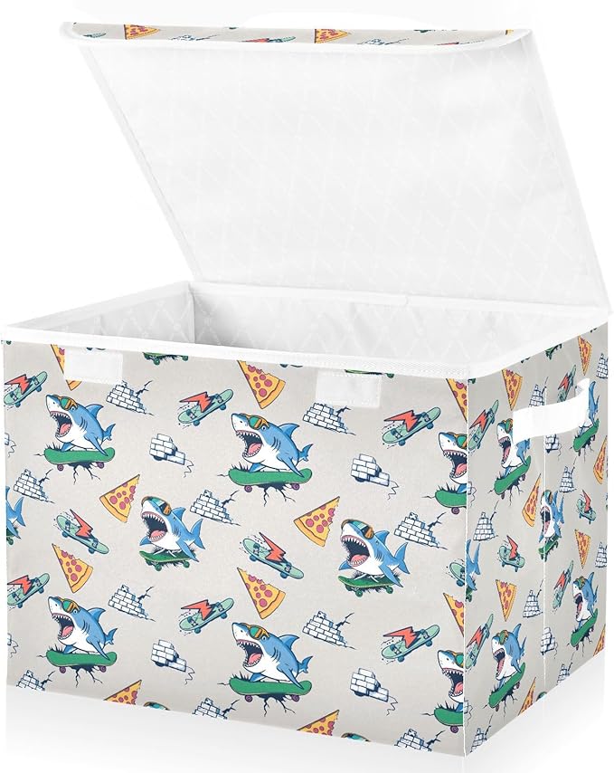 MNSRUU Containers Baskets with Lids Shark Skateboard Pizza Foldable Storage Bins Organizer with Lid Collapsible Storage Boxes for Home Bedroom Closet Office