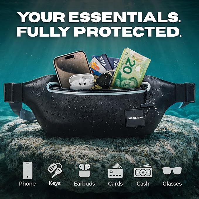 Drench 100% Underwater Waterproof Fanny Pack. Waist Pack. Submersible Waterproof Phone Pouch. Dry Bag for Swimming Boating SUP &amp Snorkelling. Underwater Phone case. Floating Belt Bag