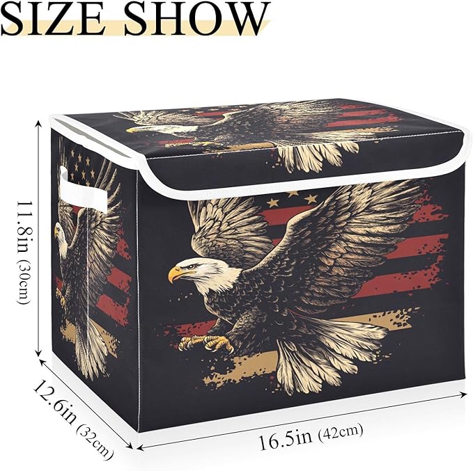 July 4th Bald Eagle Black Collapsible Storage Bins with Lids Decorative Fabric Cubes Closet Organizer Basket Boxes Containers for Clothes Box Chest Foldin