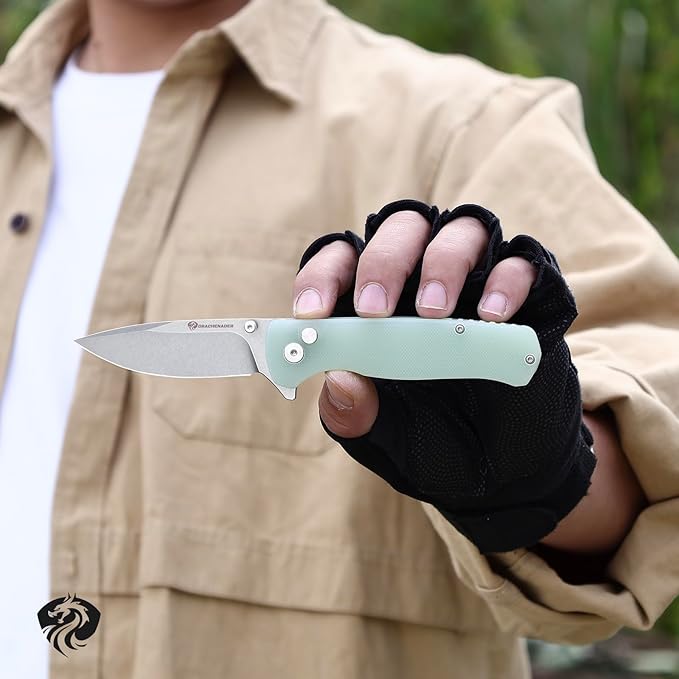 DRACHENADER 7.28 Y-M Pocket Knife for Men with Clip with 2.83 14C28N Steel Blade Button Lock with Safety Switch G10 Handle Sheath for EDC Camping Hiking
