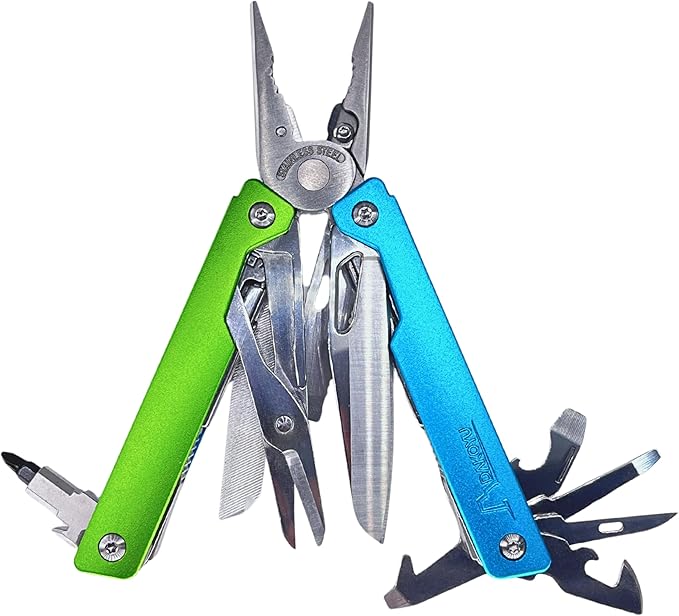 DKYoung™ Multi-Tool Aluminum Handles with Polished Stainless Steel Tools Blue/Green High-Viz Colors Pliers-Based Multitool with Carrying Sheath ¼ in. Hex Extension Camping Hiking Gift