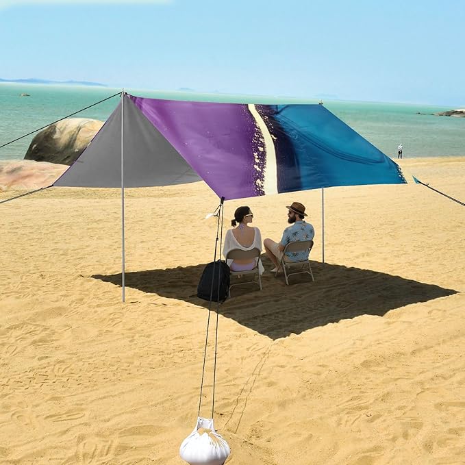Beach Canopy with Windproof Ropes &amp Sandbags Beach Tent Sun Shade Sun Shelter for Camping Trips Fishing Backyard Fun or Picnics Purple Texture