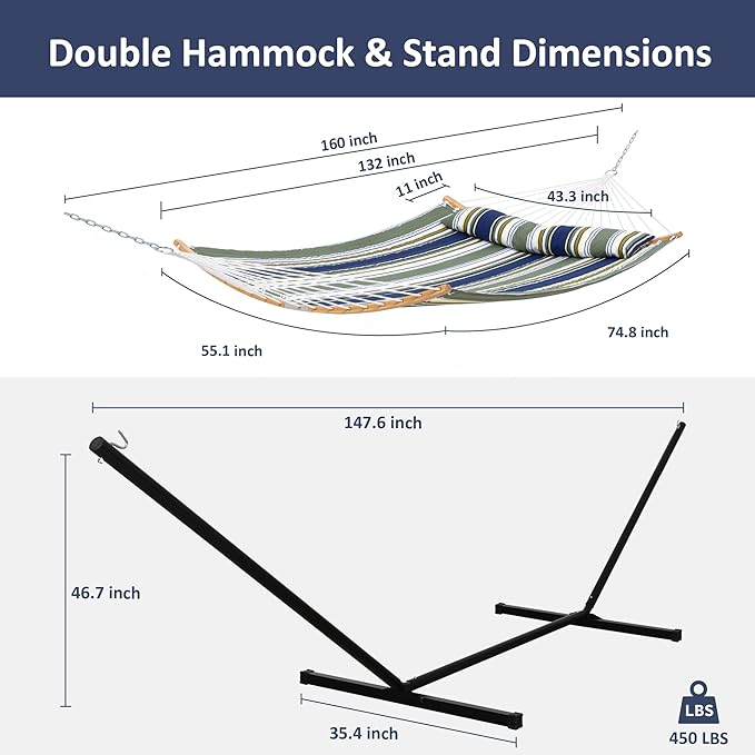 SUNCREAT Hammocks for Outside with Stand Included Double Hammock with Curved Spreader Bar Carrying Bag Dark Green Stripes