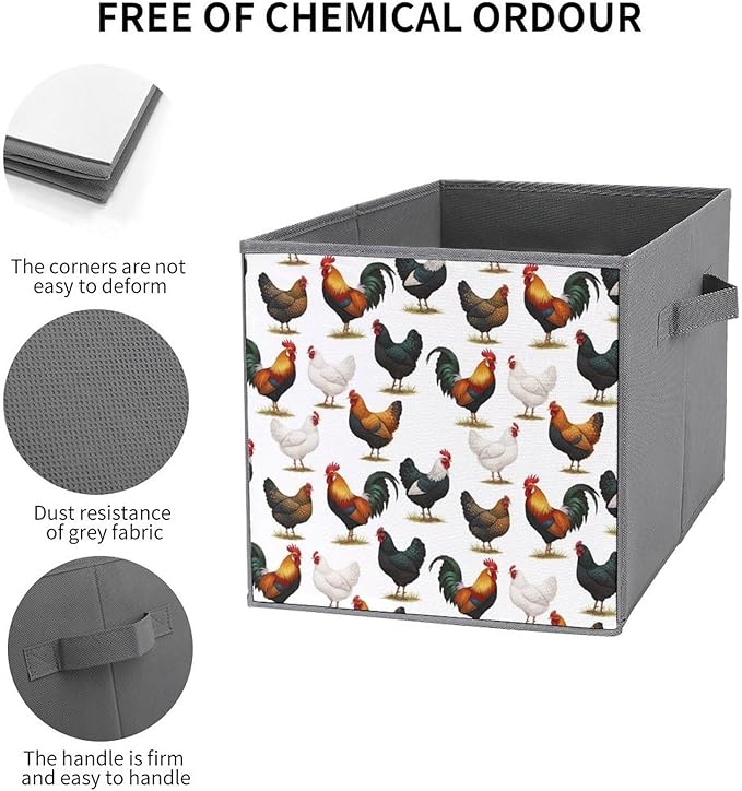 Collapsible Storage Box with Handles Cute Farm Animals Chicken Multi-Purpose Foldable Cube Bin for Pantry Garage Bathroom Quick-Fold Design for Easy Storage