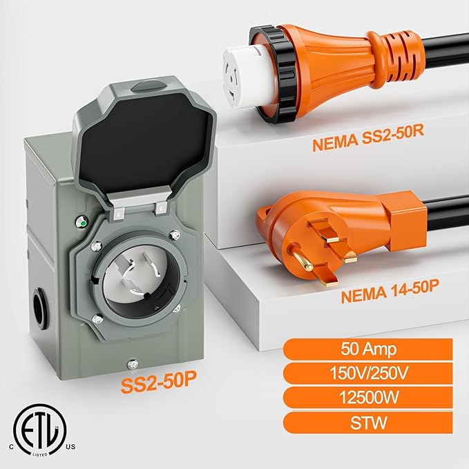 50 Amp Generator Power Cord 50ft and Inlet Box Kit NEMA 14-50P to SS2-50R Twist Lock with Organizer for RV Outdoor