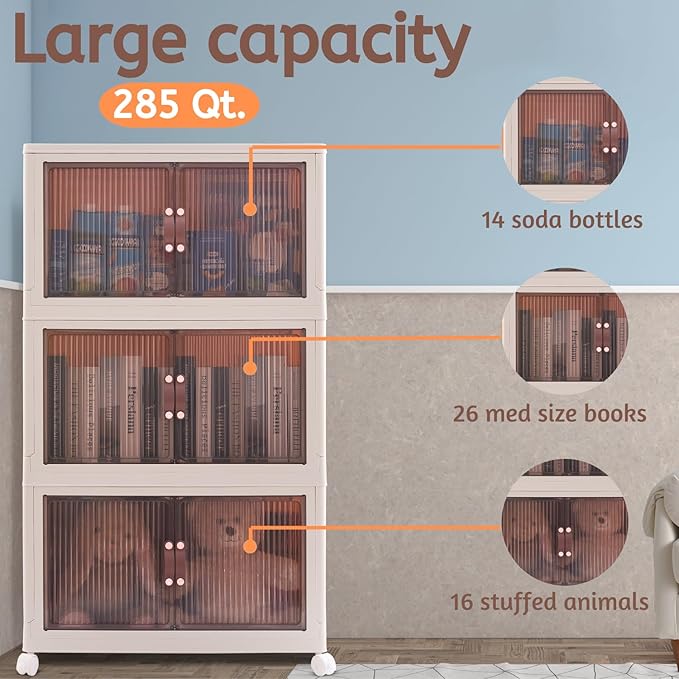 95 QT (285 QT Total) Stackable Storage Bins with Doors – 3 Tier Plastic Cabinet with Doors – Magnetic closure Foldable Storage Bins with Lids &amp Wheels –Collapsible Organizer with Leather Handles
