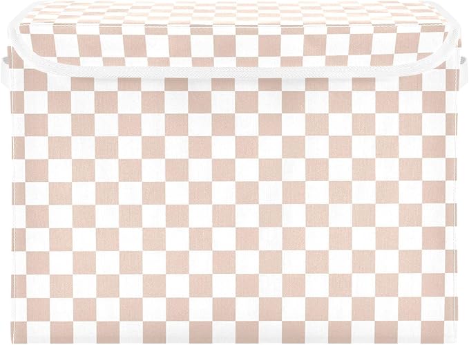 White Grey Pink Checkerboard Storage Baskets Lidded Bin Foldable Storage Boxes Cubes Lids with 2 Handles for Organizing Closet Home Office