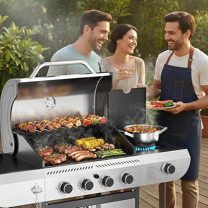 R.W.FLAME 4-Burner Propane Gas Grill 42000 BTU BBQ Grill with Side Burner Porcelain-Enameled Grates Stainless Steel Outdoor Grill for Backyard Patio Barbecue