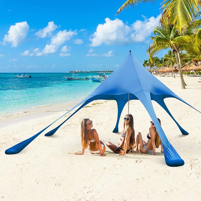 Tangkula Beach Canopy Tent UPF50+ Beach Sun Shade with Sand Shovel 6 Ground Pegs 6 Sandbags Supporting Pole Carry Bag Pop Up Beach Sun Shelter for Camping Fishing Trip