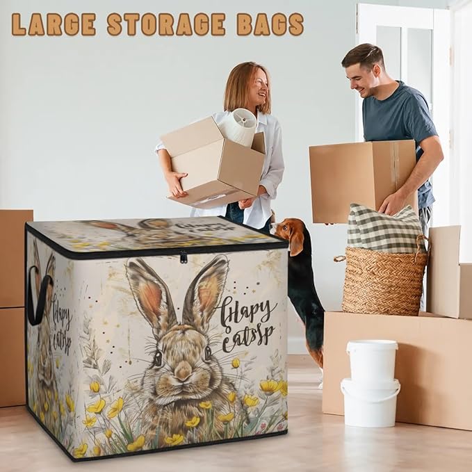 XL Large Clothes Storage with Lid Handle Rabbit Large Thick Clothes Blanket Storage Containers for Organizing Bedroom Closet Comforter Easter Bunny Farm Cartoon Animals