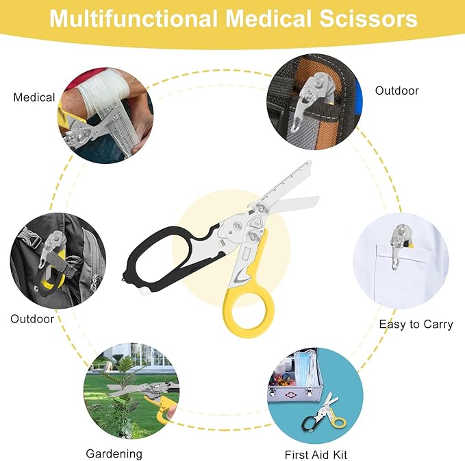 6 in 1 trauma shears folding emergency shear Outdoor Camping Tools Seat Belt Cutter Oxygen Cylinder Wrench Complimentary Adjustable Wrench (Black Yellow)