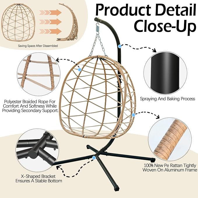 Hanging Egg Chair Swing with Stand Patio Wicker Hanging Chair Webbing &amp PE Rattan Weaving Thickened UV Resistant Cushion &amp Alloy Steel Frame 380lbs Capacity for Patio Bedroom Balcony (YH)